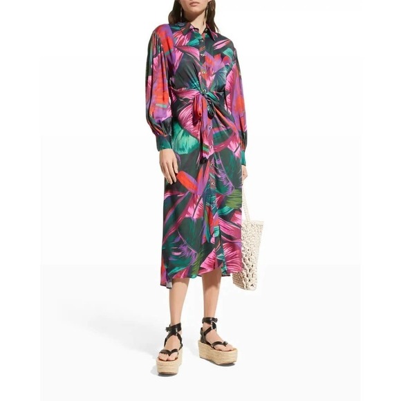 Farm Rio Midnight Leaves Belted Midi Shirtdress Womens Size M NWT